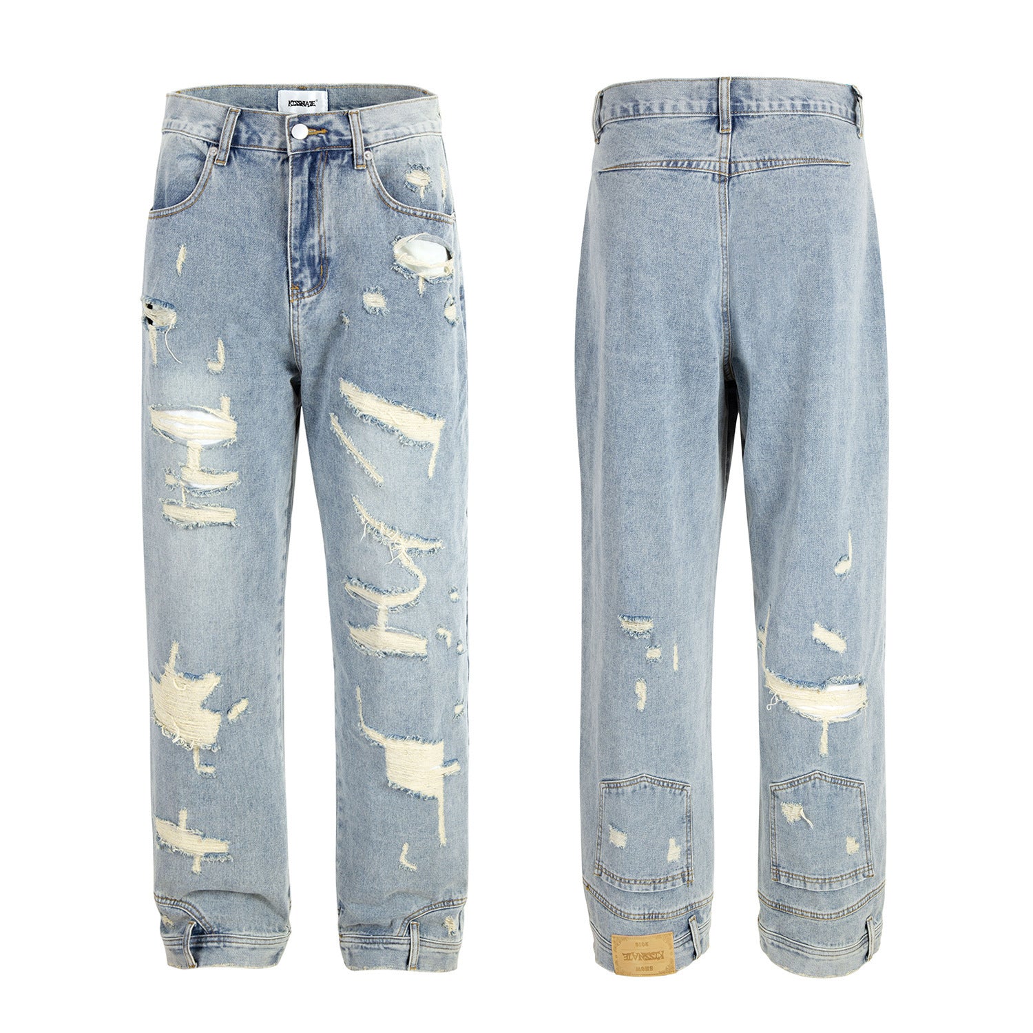 High Street Washed Loose Wide Leg Profile Ripped Cat Beard Inside - out Wear Jeans